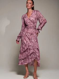Long Sleeve Frill Detail Mesh Maxi dress, Pink Abstract