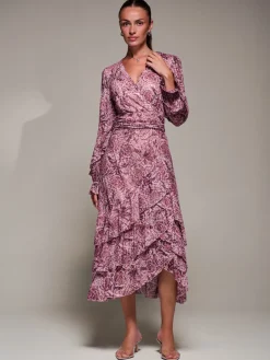 Long Sleeve Frill Detail Mesh Maxi dress, Pink Abstract
