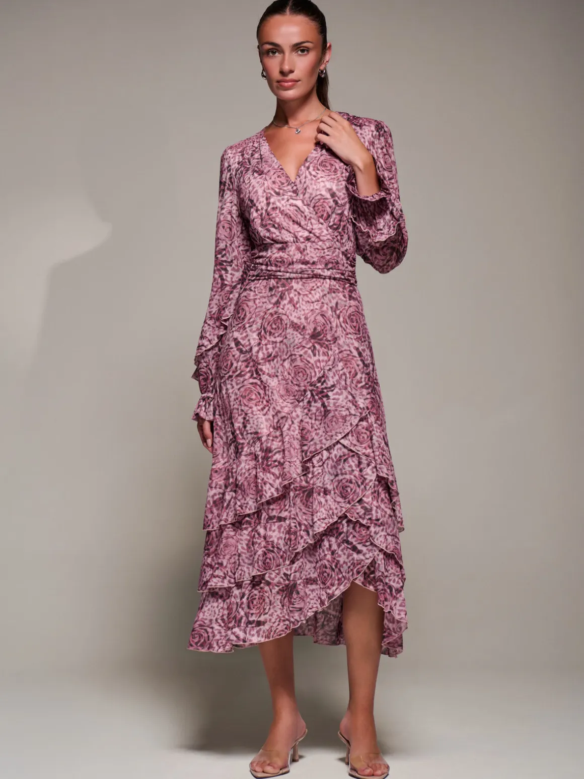Long Sleeve Frill Detail Mesh Maxi dress, Pink Abstract