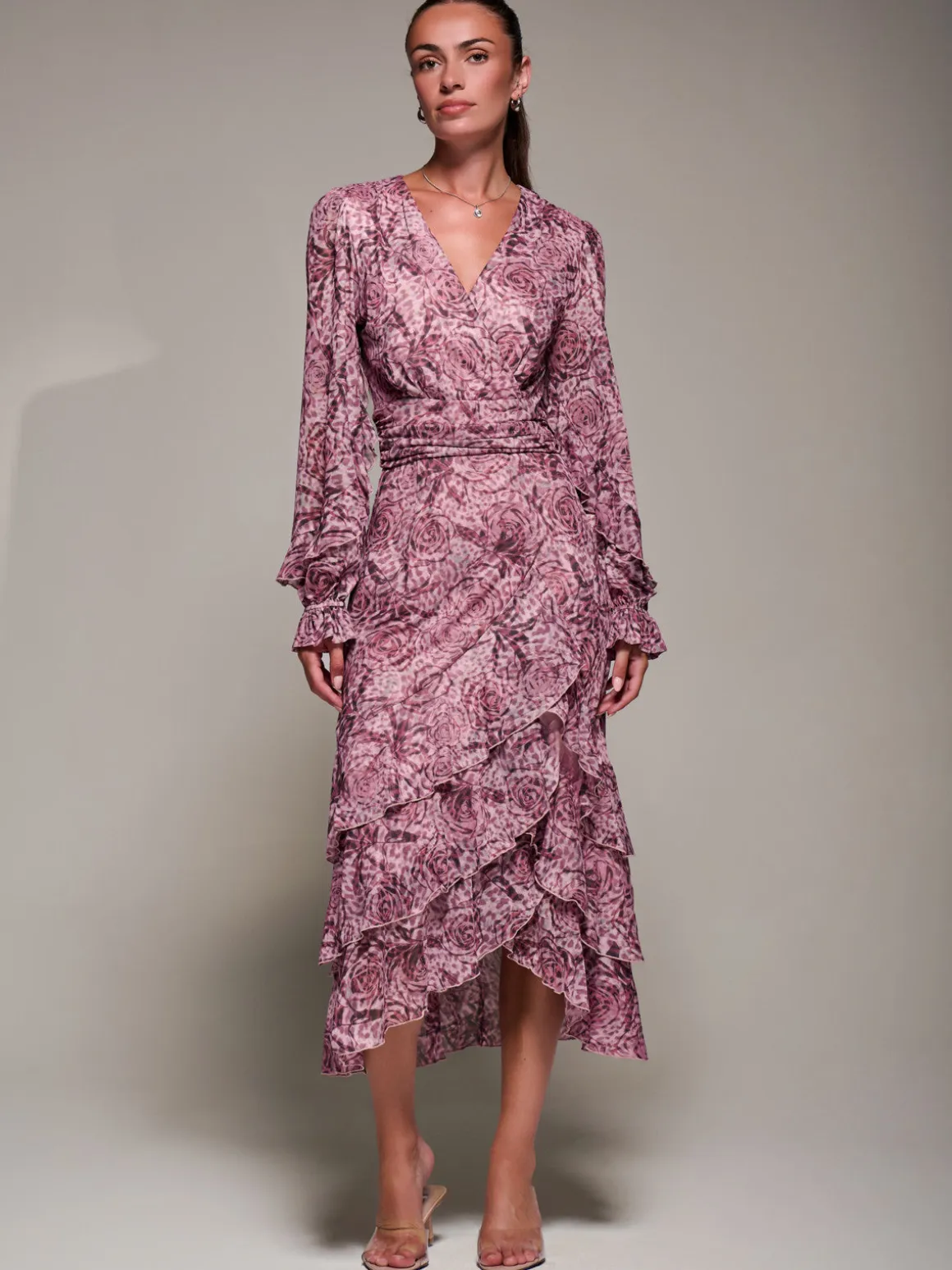 Long Sleeve Frill Detail Mesh Maxi dress, Pink Abstract