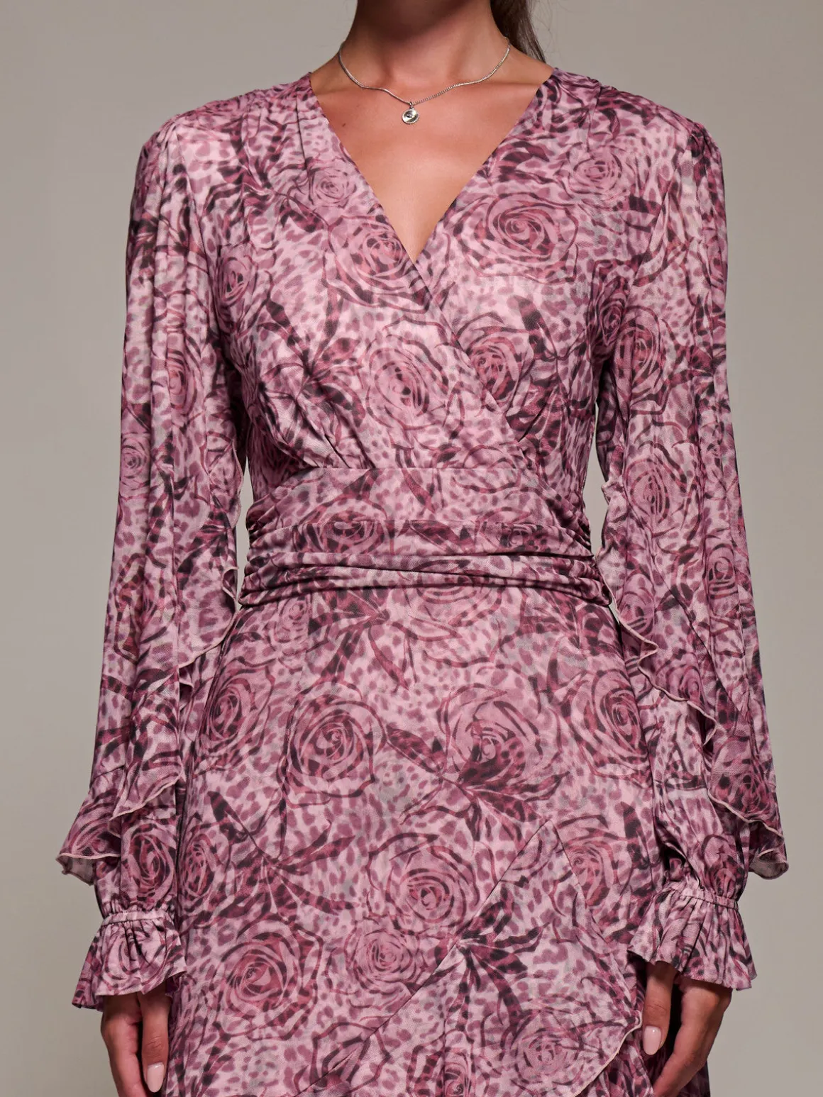 Long Sleeve Frill Detail Mesh Maxi dress, Pink Abstract