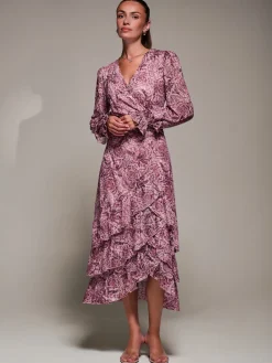 Long Sleeve Frill Detail Mesh Maxi dress, Pink Abstract
