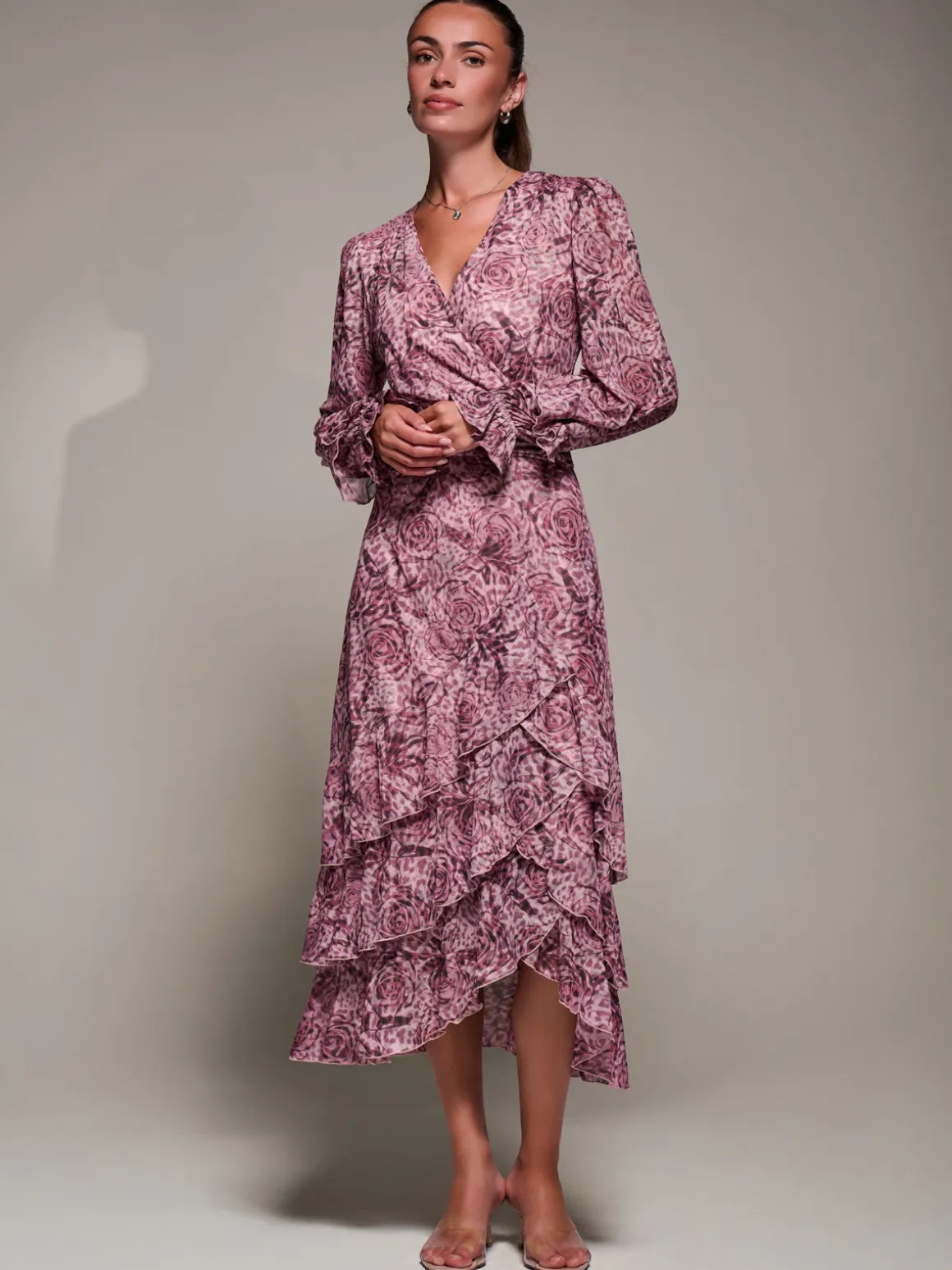 Long Sleeve Frill Detail Mesh Maxi dress, Pink Abstract