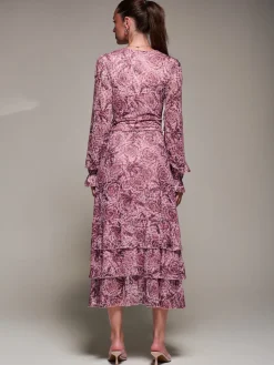 Long Sleeve Frill Detail Mesh Maxi dress, Pink Abstract