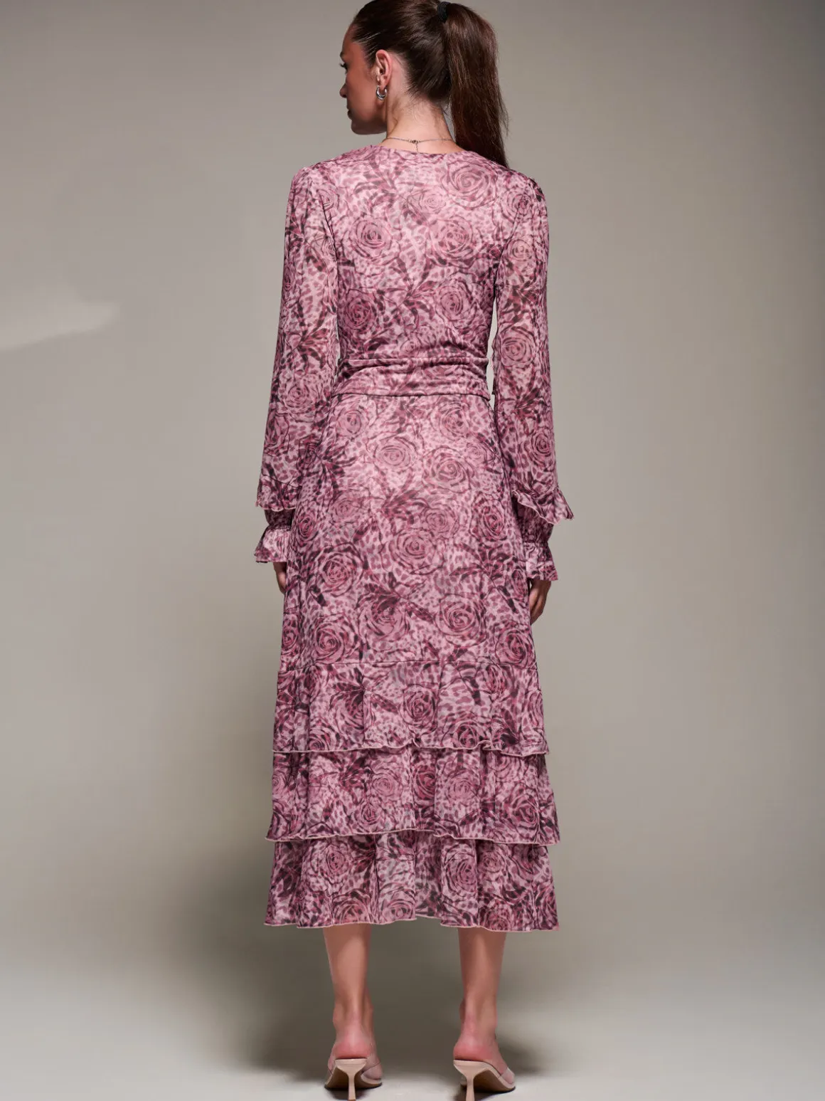 Long Sleeve Frill Detail Mesh Maxi dress, Pink Abstract