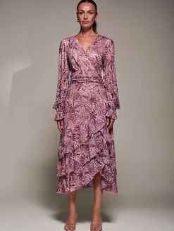 Long Sleeve Frill Detail Mesh Maxi dress, Pink Abstract
