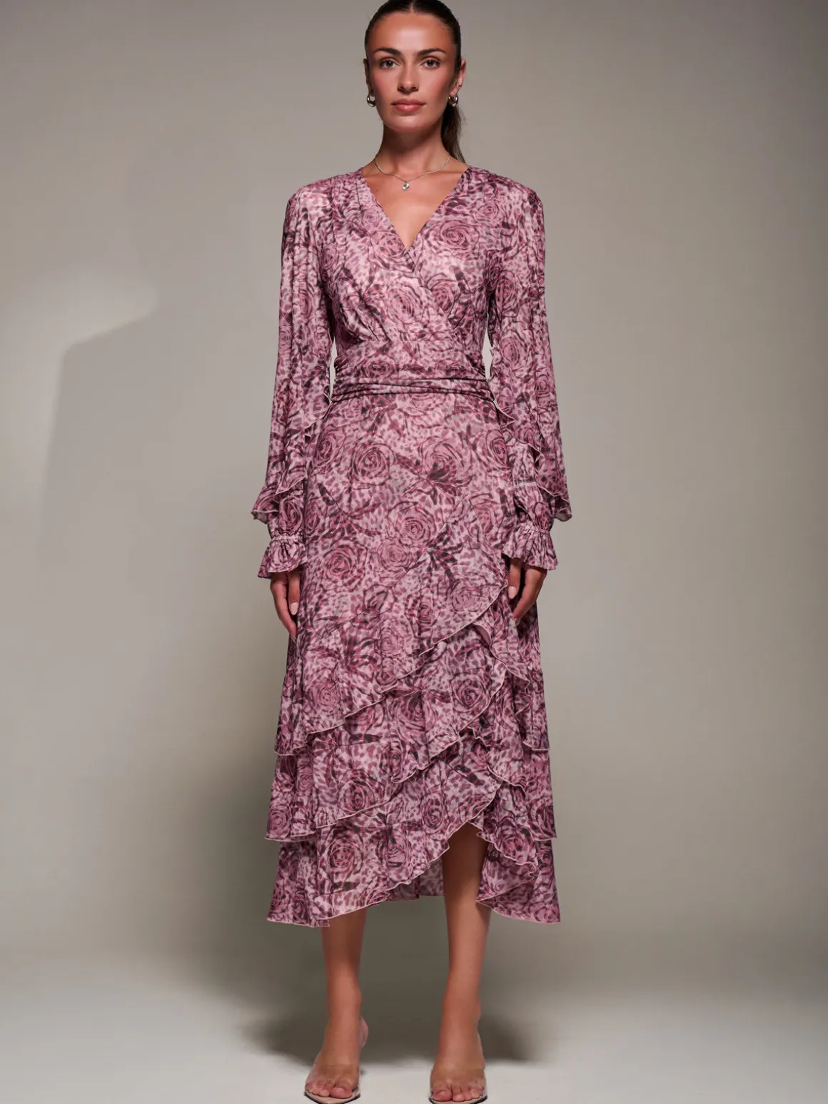 Long Sleeve Frill Detail Mesh Maxi dress, Pink Abstract