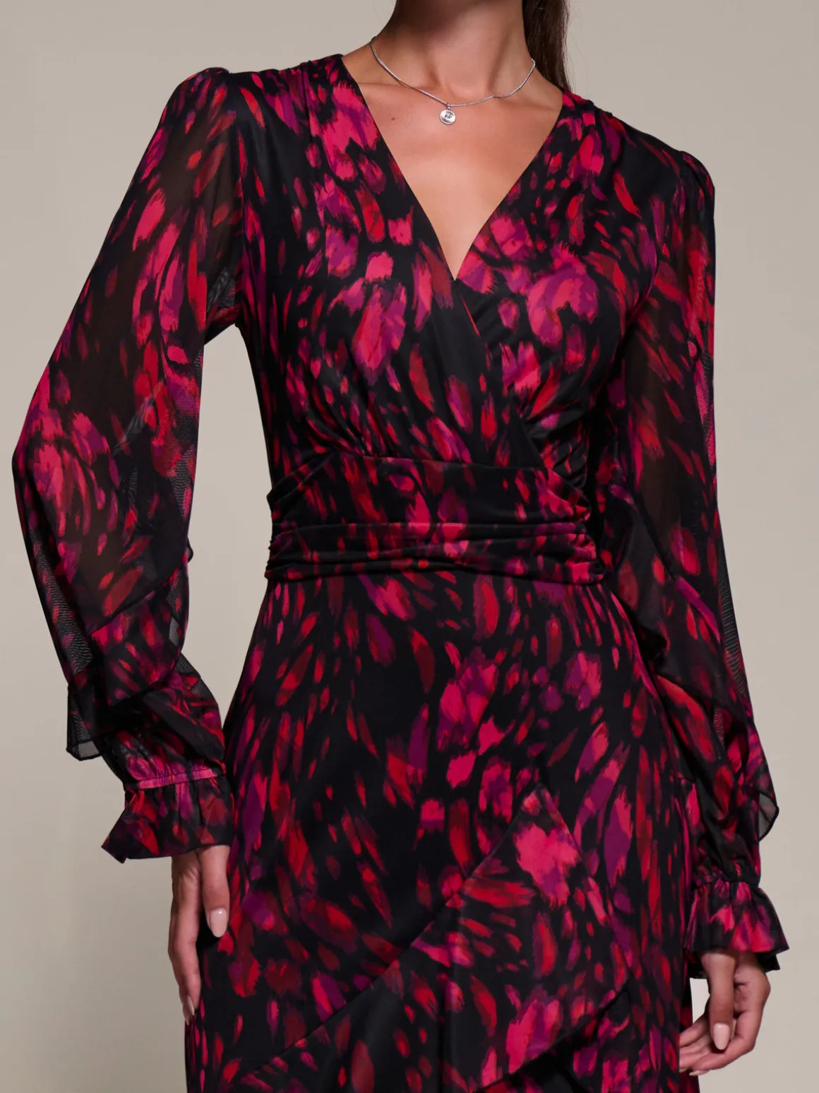 Long Sleeve Frill Detail Mesh Maxi dress, Red Abstract