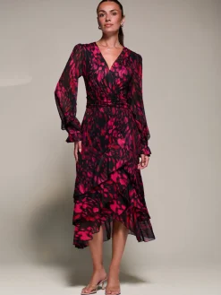 Long Sleeve Frill Detail Mesh Maxi dress, Red Abstract