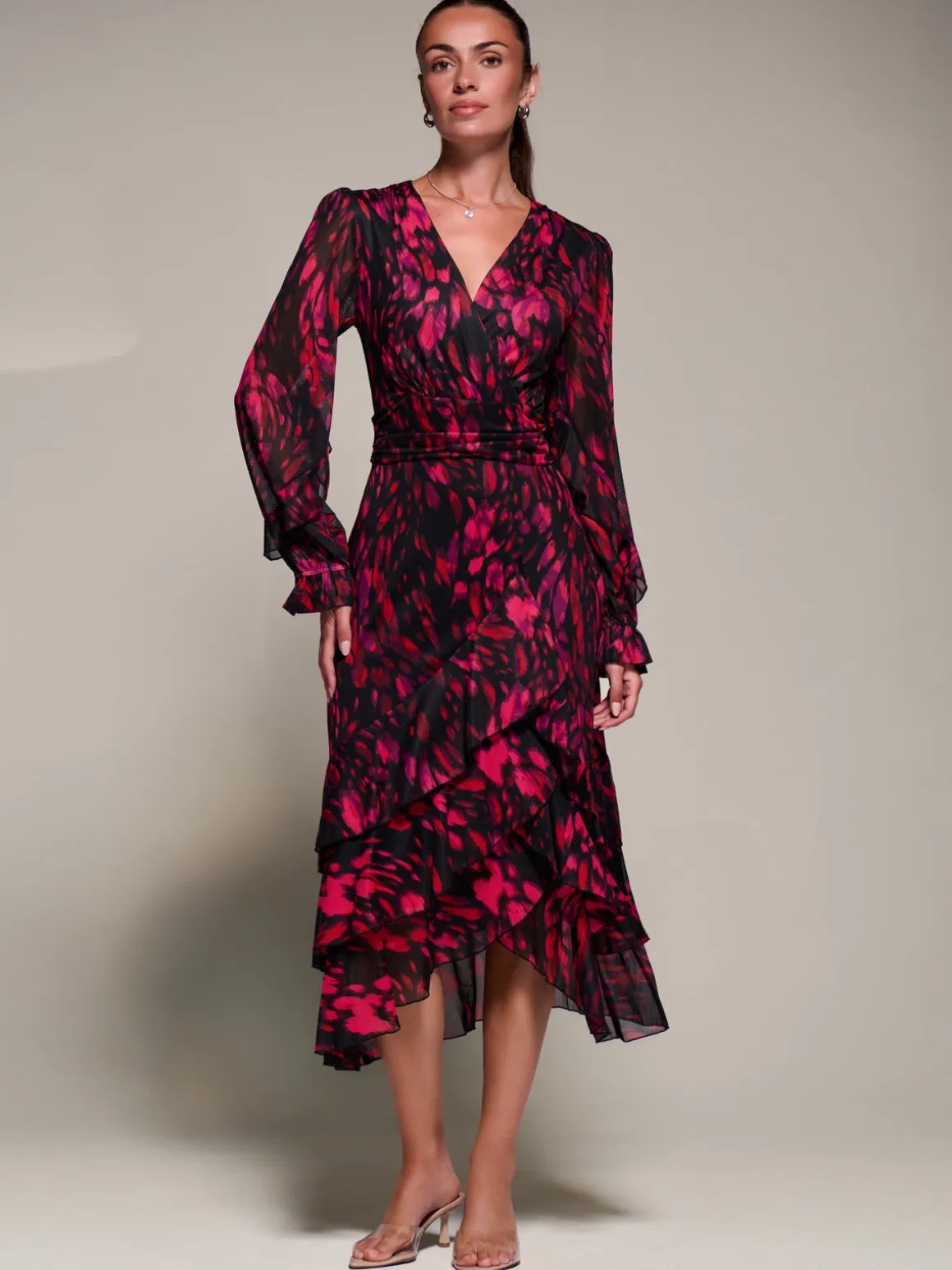 Long Sleeve Frill Detail Mesh Maxi dress, Red Abstract