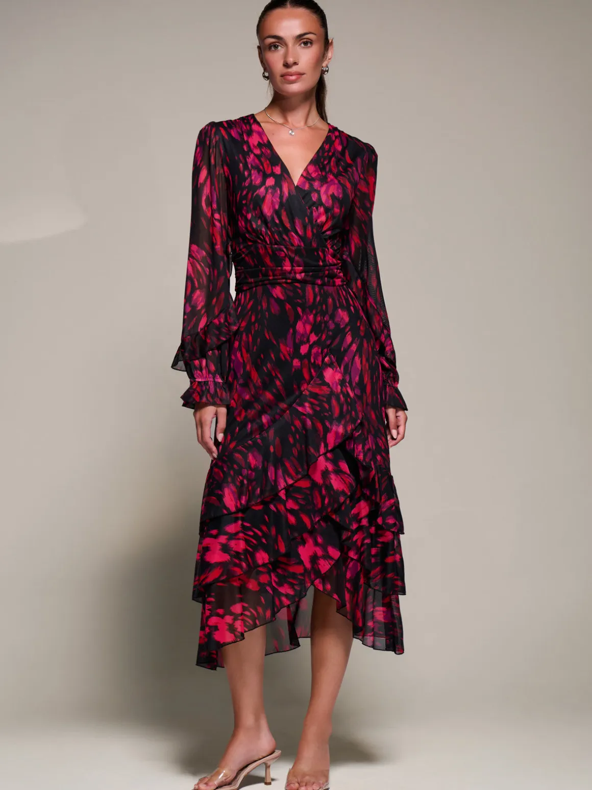 Long Sleeve Frill Detail Mesh Maxi dress, Red Abstract
