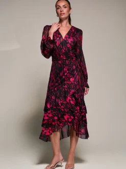 Long Sleeve Frill Detail Mesh Maxi dress, Red Abstract