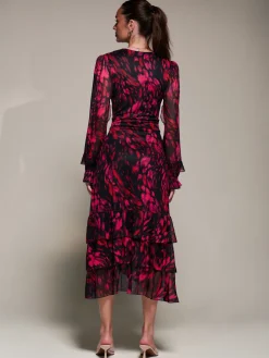 Long Sleeve Frill Detail Mesh Maxi dress, Red Abstract