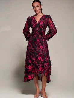 Long Sleeve Frill Detail Mesh Maxi dress, Red Abstract