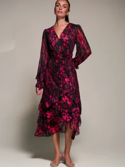 Long Sleeve Frill Detail Mesh Maxi dress, Red Abstract