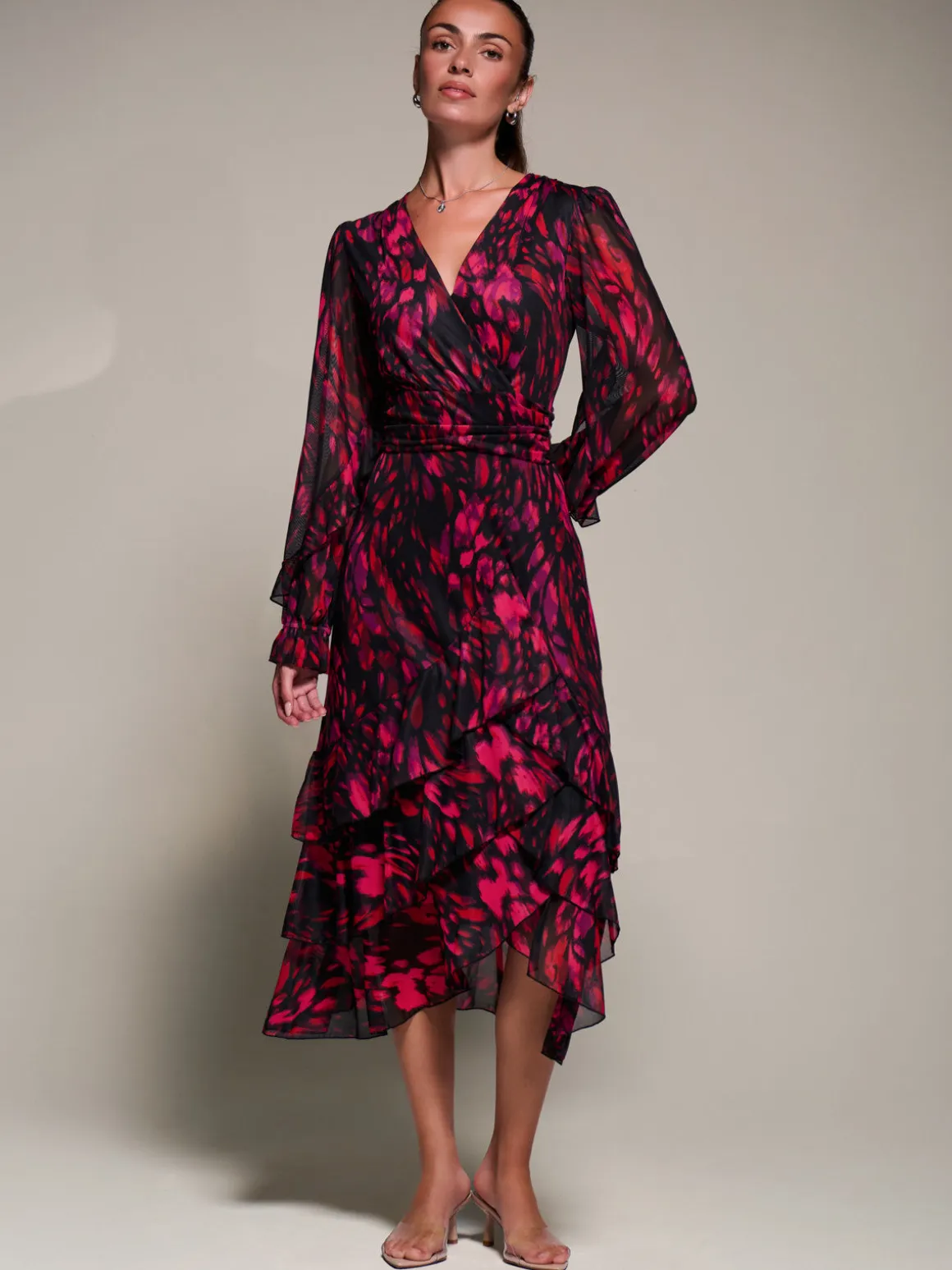 Long Sleeve Frill Detail Mesh Maxi dress, Red Abstract