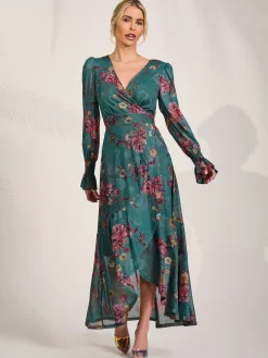 Long Sleeve Frill Hem Mesh Maxi Dress, Green Floral