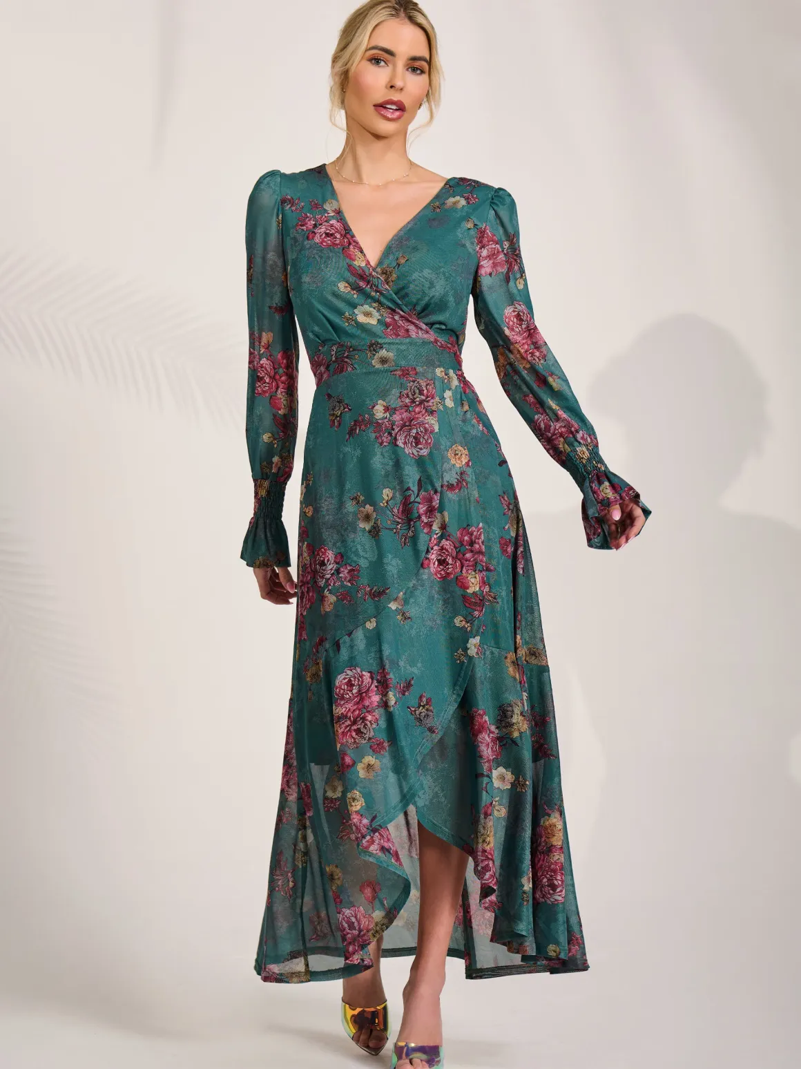 Long Sleeve Frill Hem Mesh Maxi Dress, Green Floral