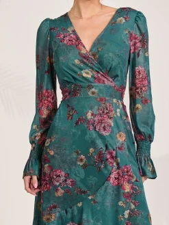Long Sleeve Frill Hem Mesh Maxi Dress, Green Floral
