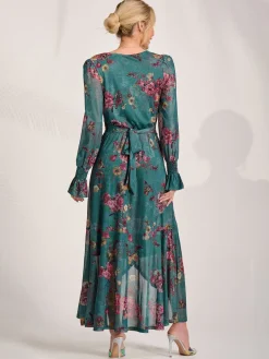 Long Sleeve Frill Hem Mesh Maxi Dress, Green Floral