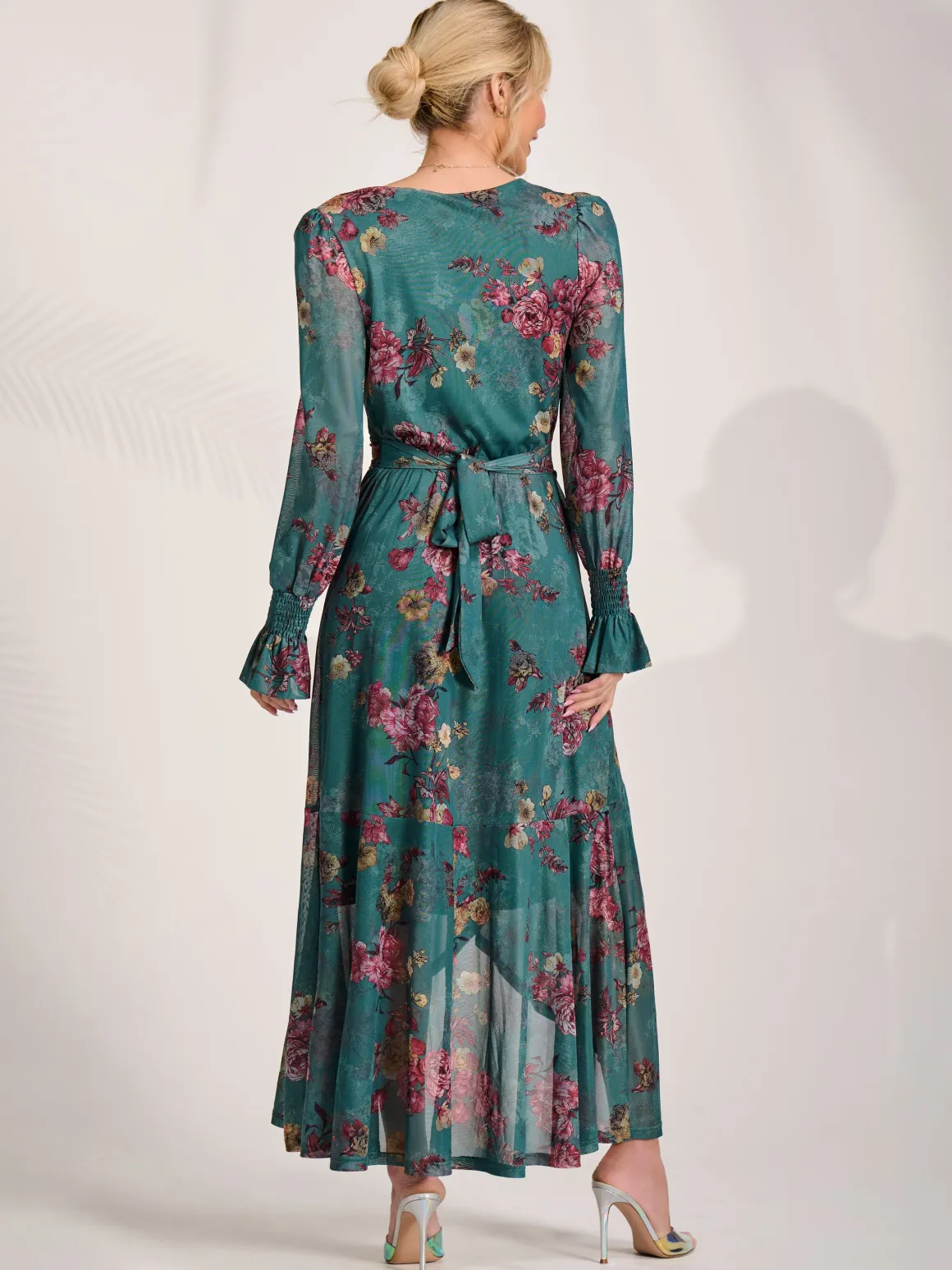 Long Sleeve Frill Hem Mesh Maxi Dress, Green Floral