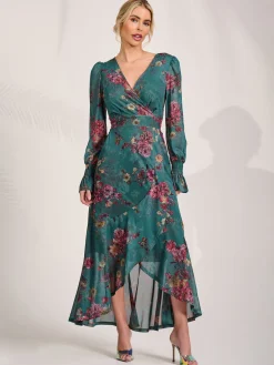 Long Sleeve Frill Hem Mesh Maxi Dress, Green Floral