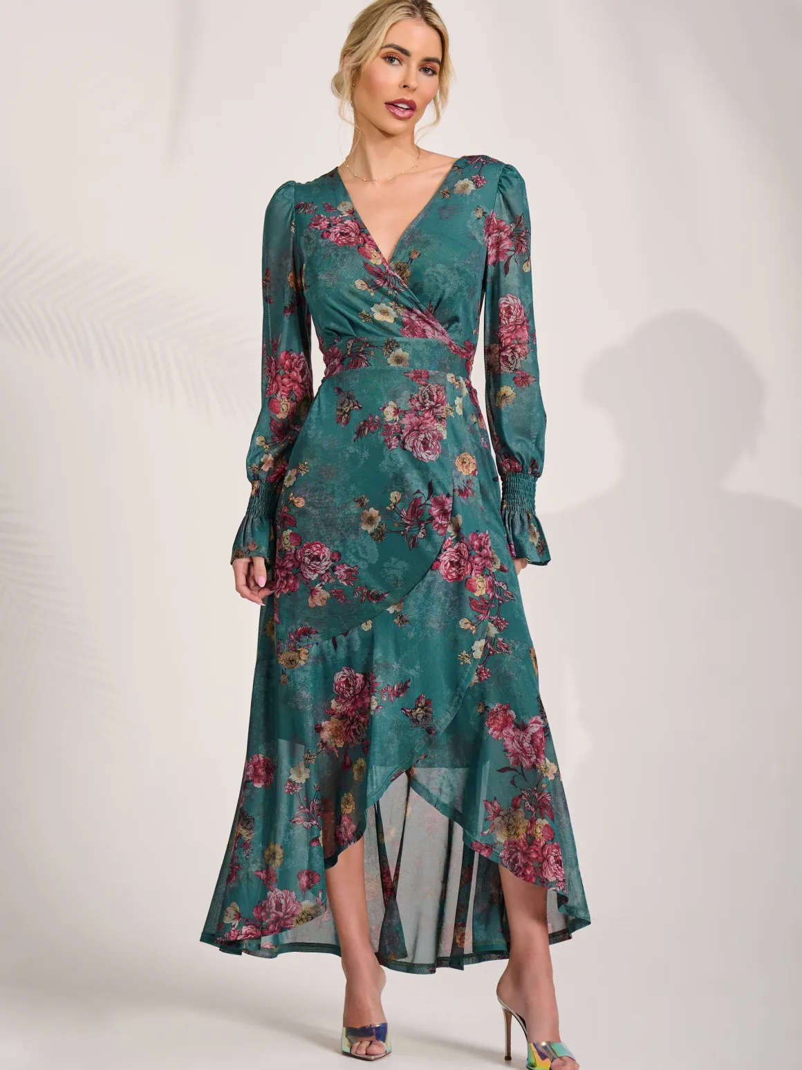 Long Sleeve Frill Hem Mesh Maxi Dress, Green Floral