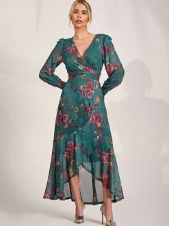 Long Sleeve Frill Hem Mesh Maxi Dress, Green Floral