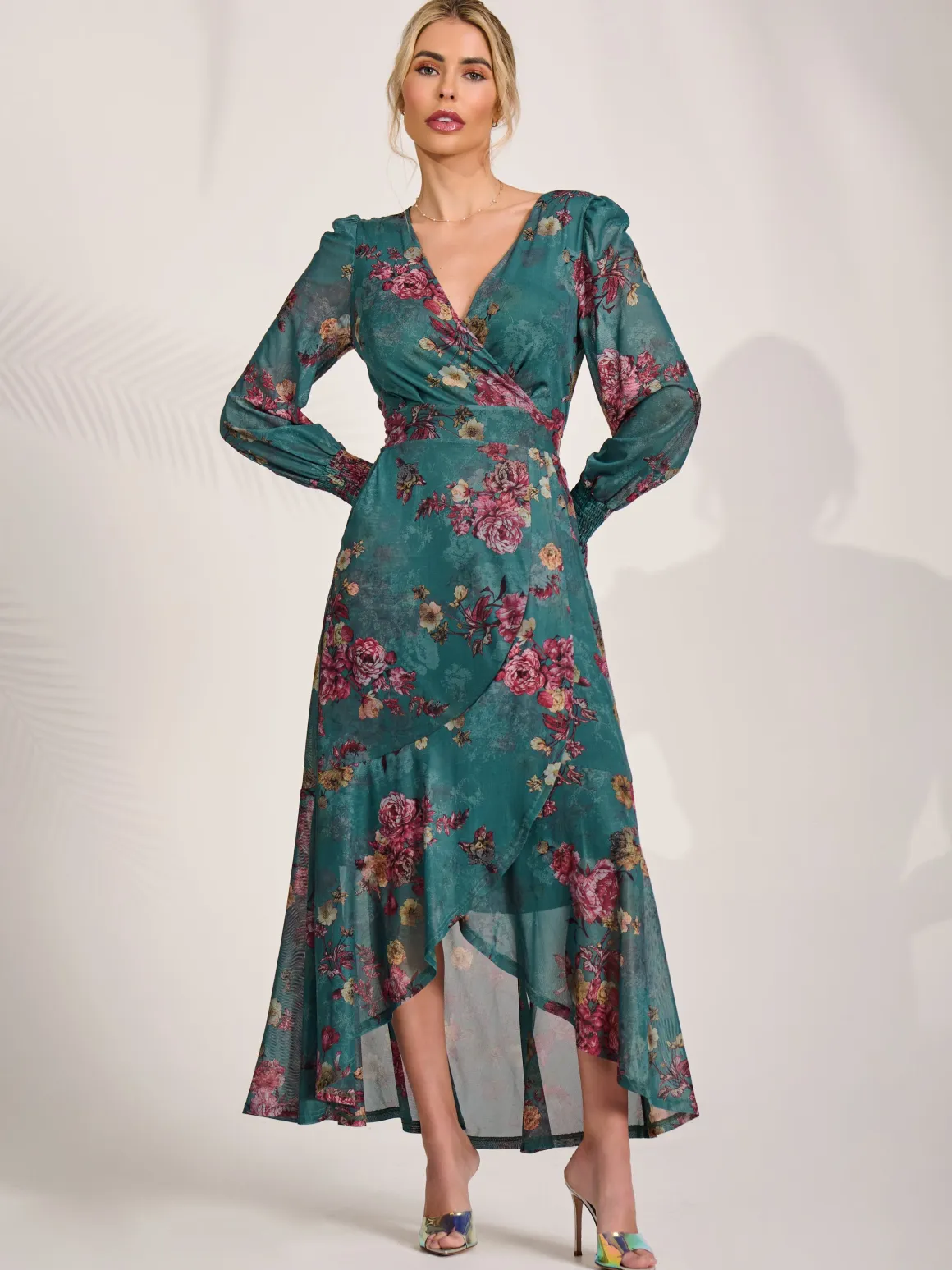 Long Sleeve Frill Hem Mesh Maxi Dress, Green Floral