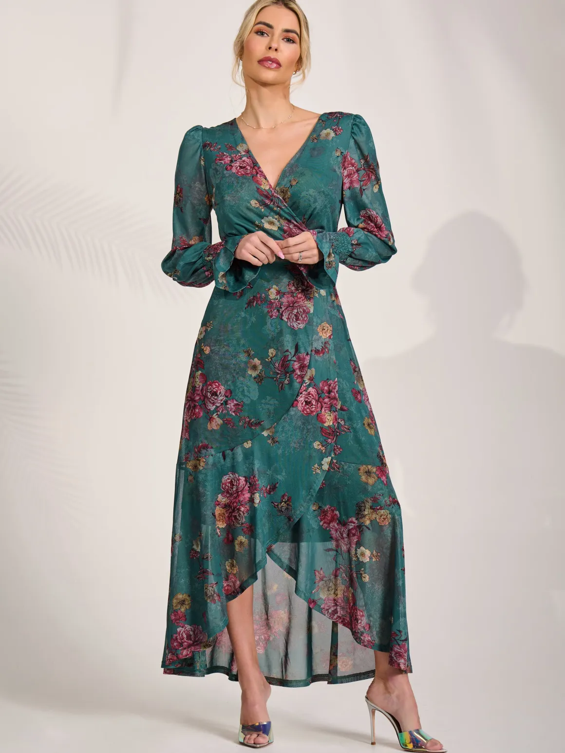 Long Sleeve Frill Hem Mesh Maxi Dress, Green Floral