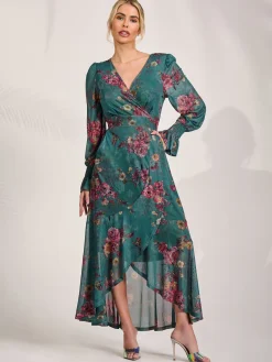 Long Sleeve Frill Hem Mesh Maxi Dress, Green Floral