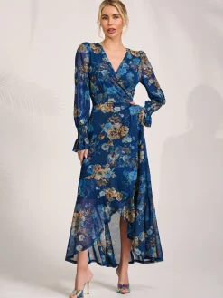 Long Sleeve Frill Hem Mesh Maxi Dress, Navy Floral