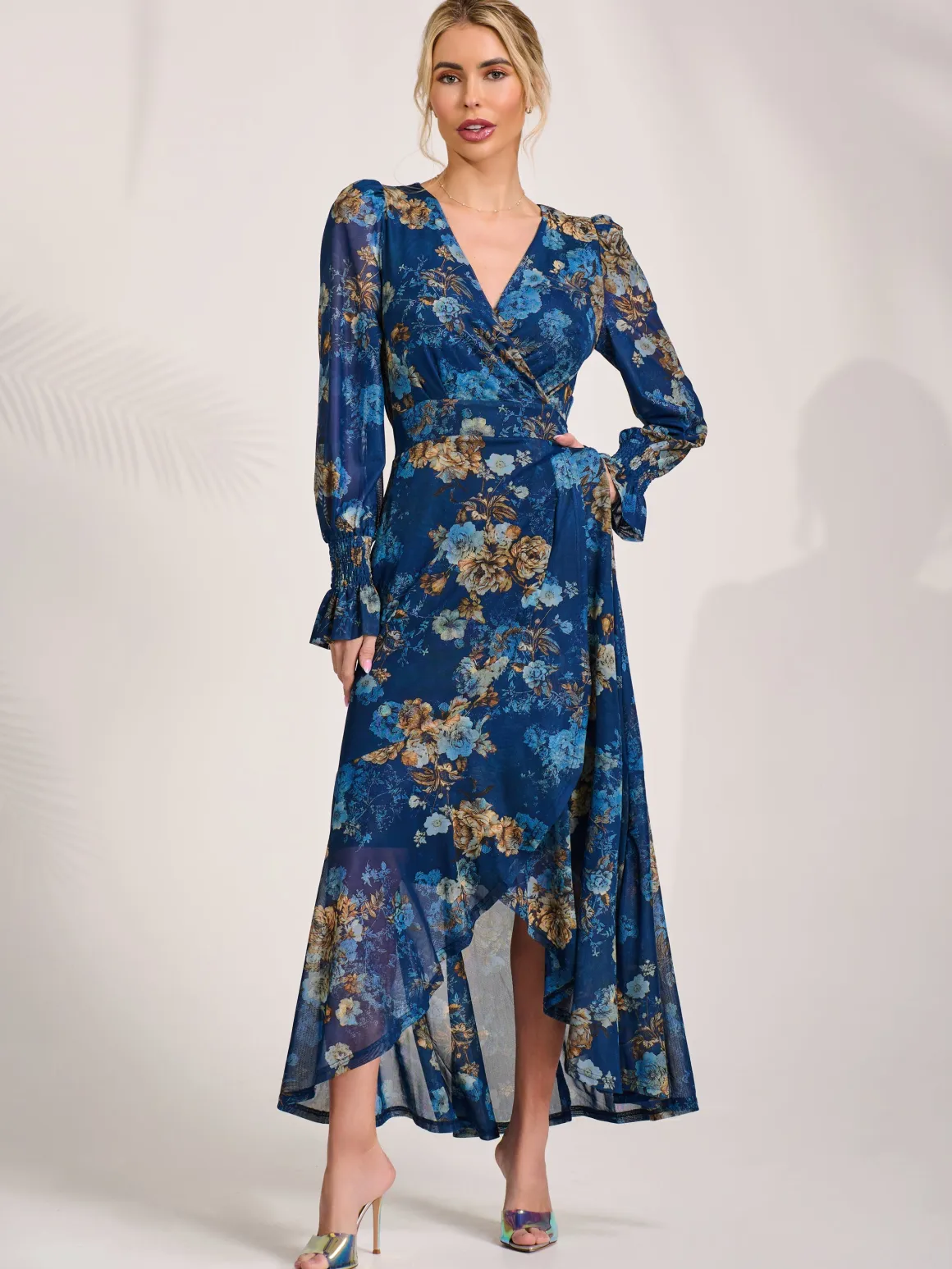 Long Sleeve Frill Hem Mesh Maxi Dress, Navy Floral