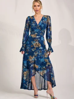 Long Sleeve Frill Hem Mesh Maxi Dress, Navy Floral