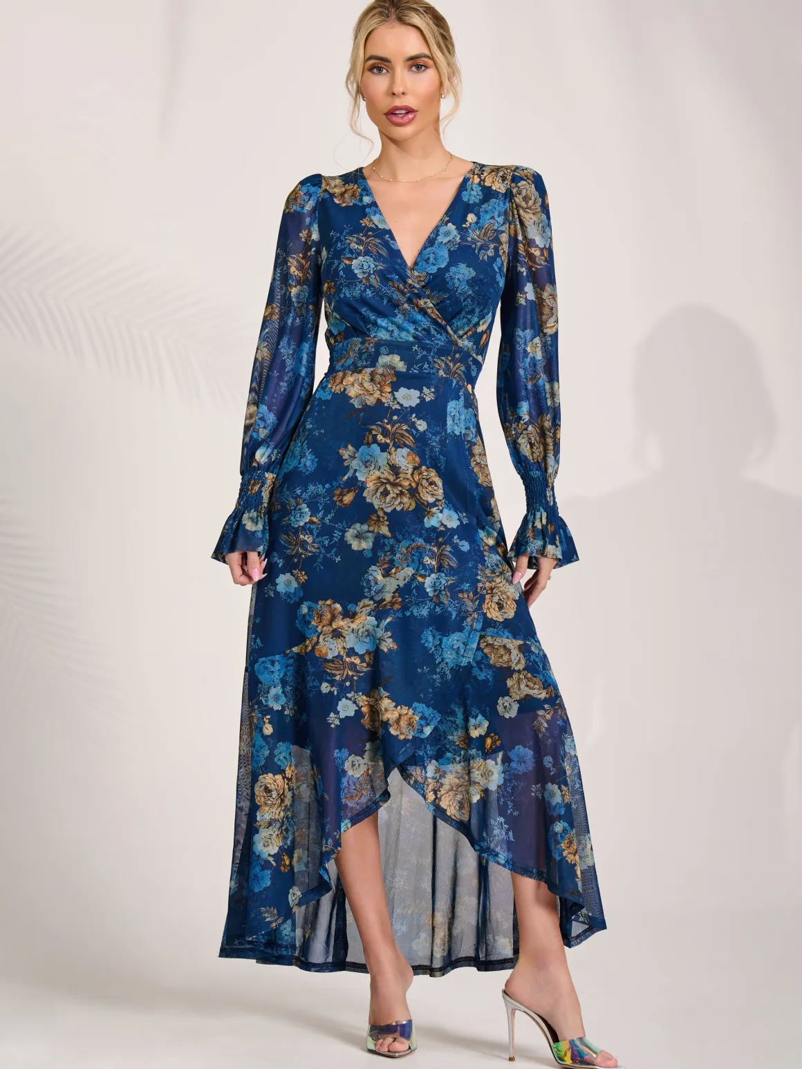 Long Sleeve Frill Hem Mesh Maxi Dress, Navy Floral