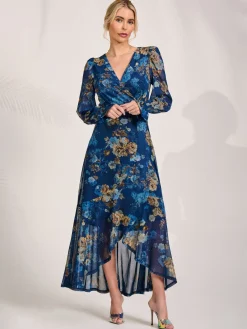 Long Sleeve Frill Hem Mesh Maxi Dress, Navy Floral