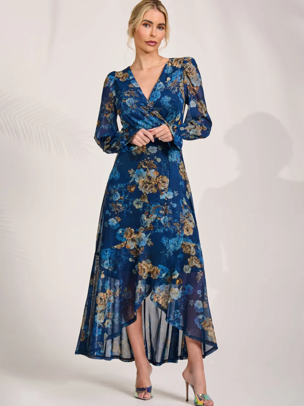 Long Sleeve Frill Hem Mesh Maxi Dress, Navy Floral