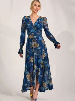 Long Sleeve Frill Hem Mesh Maxi Dress, Navy Floral