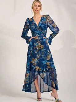 Long Sleeve Frill Hem Mesh Maxi Dress, Navy Floral