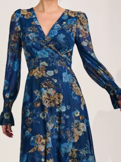 Long Sleeve Frill Hem Mesh Maxi Dress, Navy Floral
