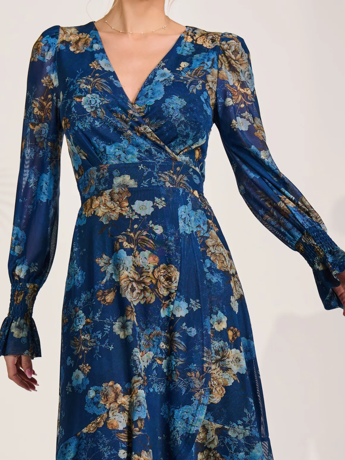 Long Sleeve Frill Hem Mesh Maxi Dress, Navy Floral