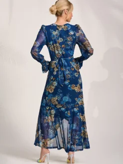 Long Sleeve Frill Hem Mesh Maxi Dress, Navy Floral