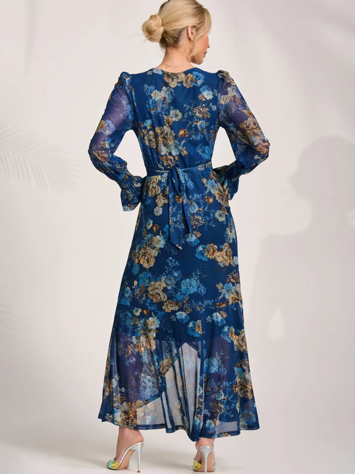 Long Sleeve Frill Hem Mesh Maxi Dress, Navy Floral