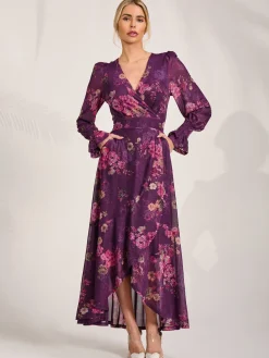 Long Sleeve Frill Hem Mesh Maxi Dress, Purple Floral