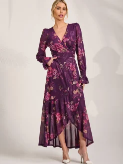 Long Sleeve Frill Hem Mesh Maxi Dress, Purple Floral