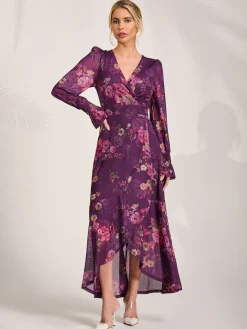 Long Sleeve Frill Hem Mesh Maxi Dress, Purple Floral