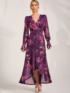 Long Sleeve Frill Hem Mesh Maxi Dress, Purple Floral