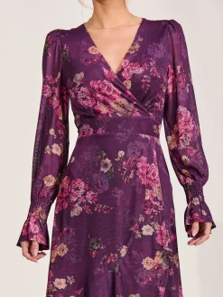 Long Sleeve Frill Hem Mesh Maxi Dress, Purple Floral