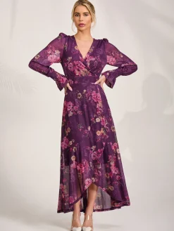 Long Sleeve Frill Hem Mesh Maxi Dress, Purple Floral