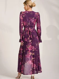 Long Sleeve Frill Hem Mesh Maxi Dress, Purple Floral